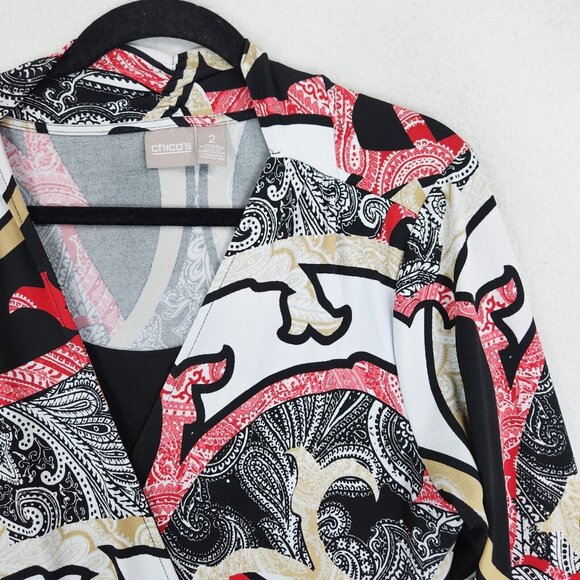 Chicos Shirt Womens 2 Black Red Large Printed Lightweight 3/4 Sleeve Blouse - Picture 2 of 11